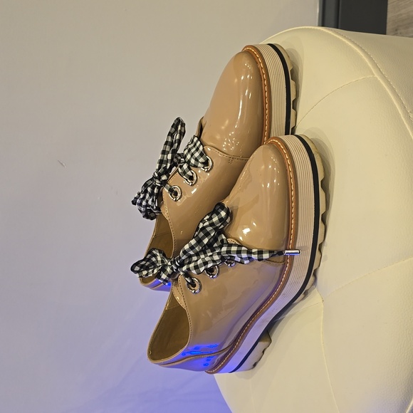 ZARA Patent Lace Up Beige Tan Lug Chunky Sole Shoes Loafers Gingham Laces 40 9 - Picture 5 of 7